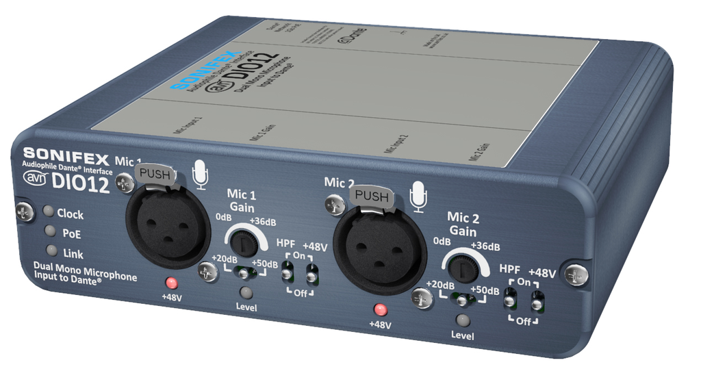 Sonifex AVN-DIO12 dual microphone input to Dante with mic gain
